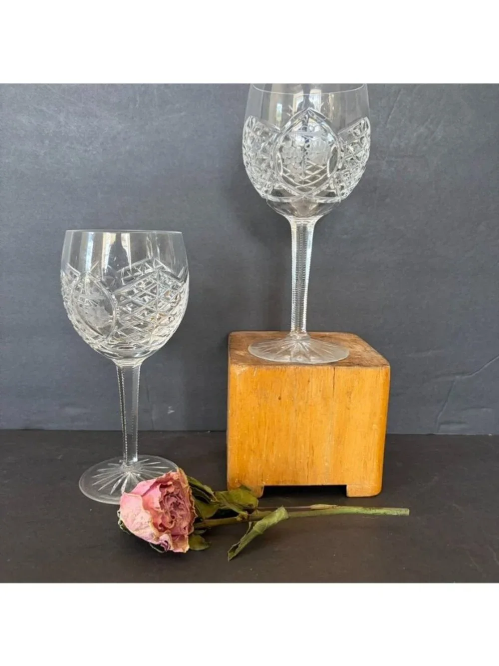 Pair of Vintage Crystal Water Goblets Crisscross Cut Stem Grapes  Discontinued